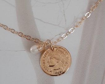 Coin necklace, Gold coin necklace, Coin and pearl necklace, Gold filled necklace, Boho coin necklace, Greek coin necklace, Gift for her