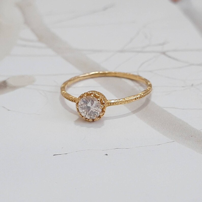 Zircon gold ring Thin round zircon ring Transparent zircon Etsy