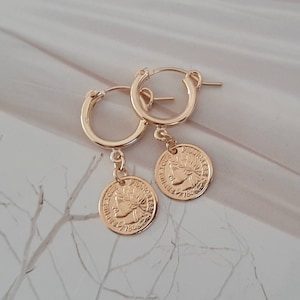 Coin huggie, Gold coin huggie, Gold coin hoop earrings, Gold filled coin hoops, Women coin hoops, Gold coin earrings, Gold filled huggie