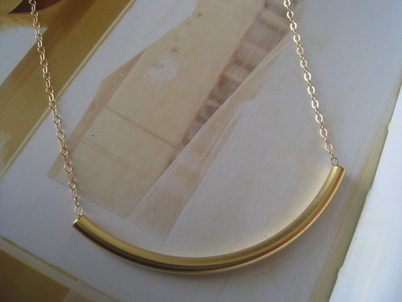Gold Tube Necklace, Curved Tube Necklace, Simple Gold Necklace, Curved