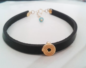 Leather bracelet, Spiral leather bracelet, Spiral charm bracelet, Black leather bracelet, Gold spiral bracelet, Adjustable leather bracelet