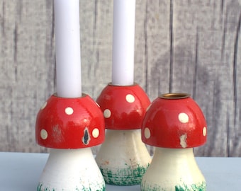 Vintage set of 3 wooden mushroom fly agaric shape candlestick fall winter decoration xmas christmas eyecatcher cosy home handmade heirloom