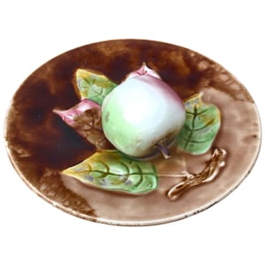 French Vintage Barbotine Majolica wall art plate apple in relief signed Moulin des Loups Orchies France collectible piece beautiful present