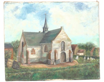 Vintage olieverf op canvas schilderij kerkzicht gesigneerd schilderij Europese vondst landelijke levensstijl stilleven gedateerd 1950 muurkunst