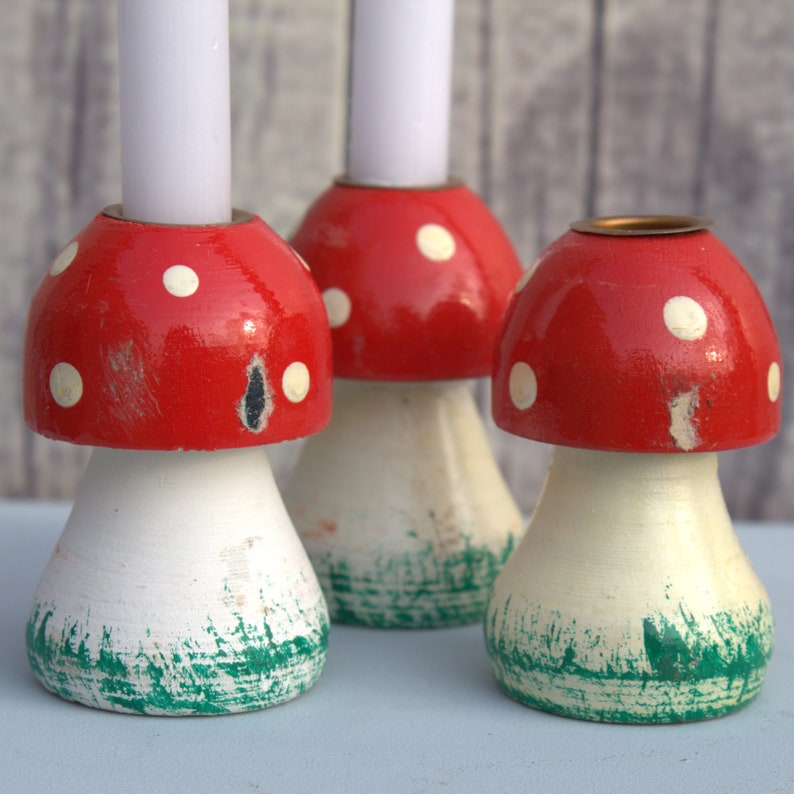 Vintage set of 3 wooden mushroom fly agaric shape candlestick fall winter decoration xmas christmas eyecatcher cosy home handmade heirloom image 4