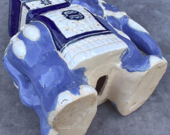 Vintage Ceramic Elephant Figurine Blue and White 11.20 Inch Ornate
