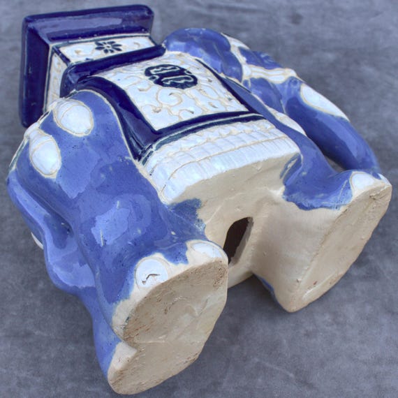 Vintage Ceramic Elephant Figurine Blue and White 11.20 Inch Ornate
