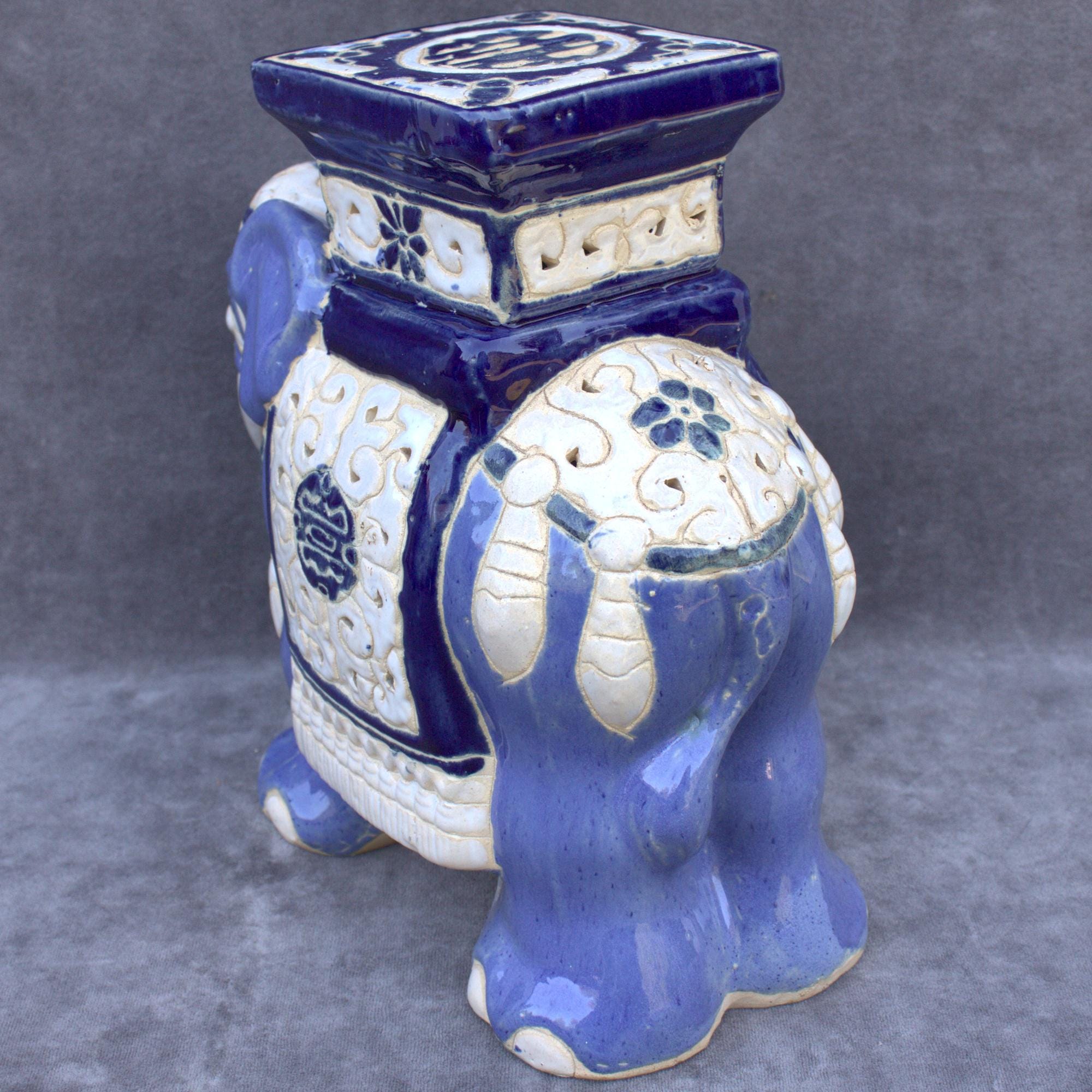 Vintage Ceramic Elephant Figurine Blue and White 11.20 Inch Ornate