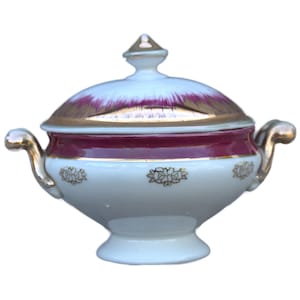 Può includere: Una zuppiera bianca in porcellana con coperchio, una fascia bordeaux e dettagli dorati. Il coperchio ha un pomello dorato e finiture dorate. La zuppiera ha manici dorati e motivi floreali. Un pezzo decorativo per servire.