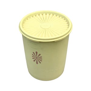 Può includere: Un contenitore vintage in plastica giallo pallido con coperchio abbinato. Il coperchio ha un design a raggiera. Un motivo floreale bordeaux è sul lato del contenitore. Il contenitore è cilindrico e sembra in buone condizioni.