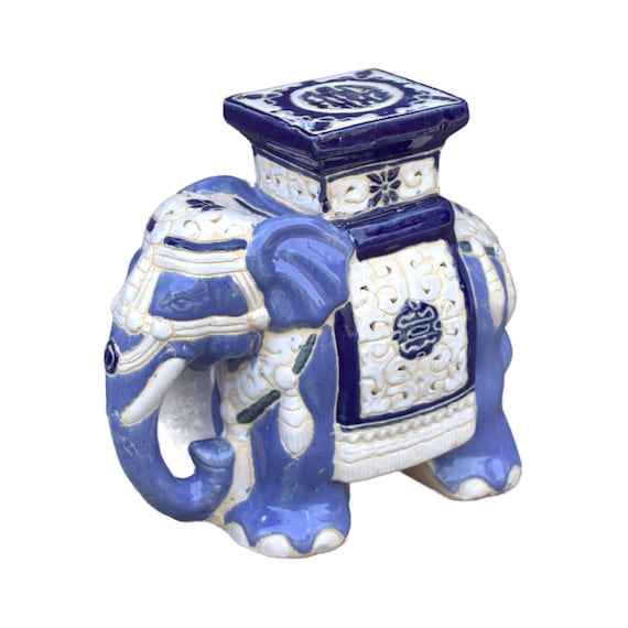 Vintage Ceramic Elephant Figurine Blue and White 11.20 Inch Ornate