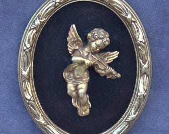 Vintage Cherub Playing Violin in Ornate Gold Frame Baroque rococo Wall Art gilded putti music accent piece perfect present 9.84&quot; 25cm