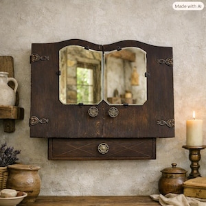 May include: A dark brown wooden wall-mounted cabinet featuring two hinged doors with inset mirrors, decorative metal hinges, and a single drawer below. The cabinet has a rectangular shape with a curved top edge and ornate metal knobs on the doors and drawer.