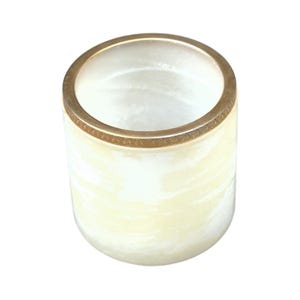 May include: A cylindrical, off-white container with a gold-colored rim. The container has a marbled appearance, with swirls of white and pale yellow. The gold rim features a repeating, ornate pattern. The container is likely a decorative item or a holder.