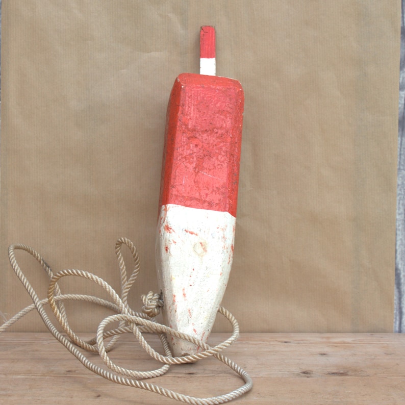 Vintage decorative buoy nautical home decoration in wood red and white with rope beach decor summer eyecather interior fishing collectible image 2