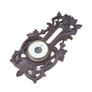 Antique barometer 1920s black forest Barometer: hand-carved german wood, one of a kind handmade piece unique home decor