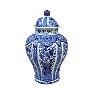 Antique Delft urn vase with lid Holland dutch Boch Belgium Delfts  14.57&quot; 37cm porcelain home decor heirloom painted flower pattern