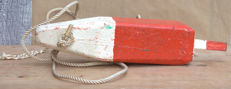 Vintage decorative buoy nautical home decoration in wood red and white with rope beach decor summer eyecather interior fishing collectible image 4