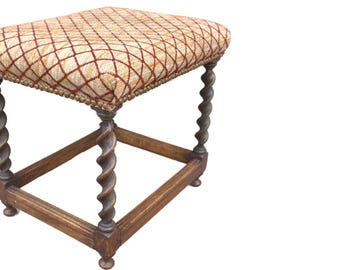 Antique french rectangular upholstered stool piano chair barley twist handturned wood home decor furniture music bench