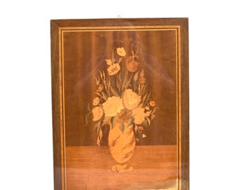 Elegant Wooden Wall Panel Marquetry Vase and Flowers inlay chique Timeless Home interior Deco eye-catcher antique art piece extraordinary