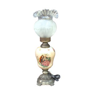 Antique oil lamp in porcelain with pastoral scene farmhouse home deco frosted glass shade vintage nightstand light