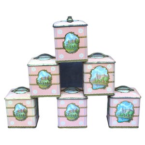 Vintage set of 6 tin boxes pink shabby chic kitchen home deco romantic style housewarming birthday gift present canisters containers