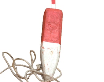 Vintage decorative buoy nautical home decoration in wood red and white with rope beach decor summer eyecather interior fishing collectible