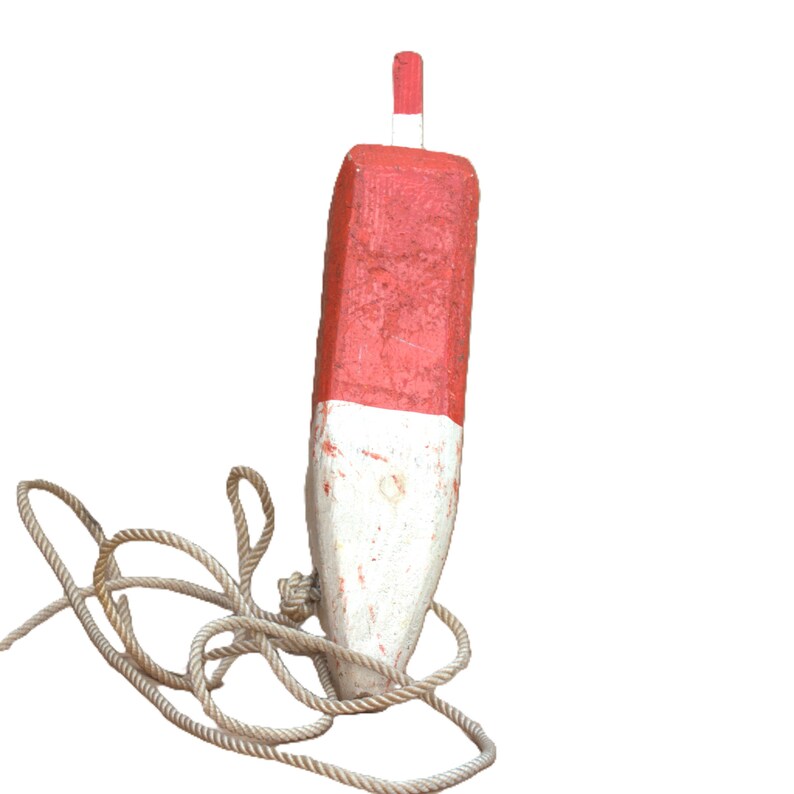 Vintage decorative buoy nautical home decoration in wood red and white with rope beach decor summer eyecather interior fishing collectible image 1