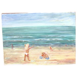 Vintage seaside oil painting on canvas children playing on the beach, coastal wall art with nostalgic summer charm perfect housewarming gift