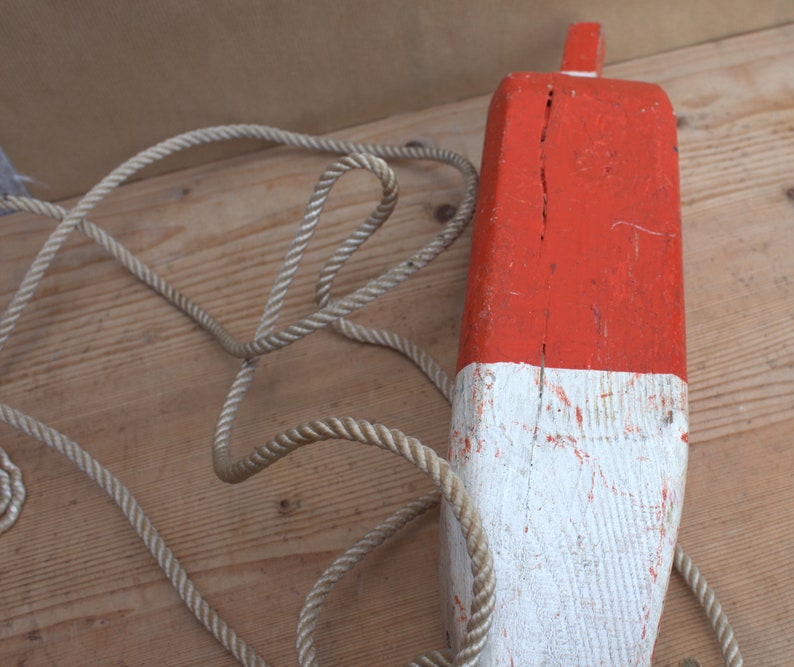 Vintage decorative buoy nautical home decoration in wood red and white with rope beach decor summer eyecather interior fishing collectible image 6