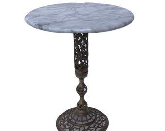 Excuisite round small bistro table with white marble top brass decorated foot base interior eyecather french rare find