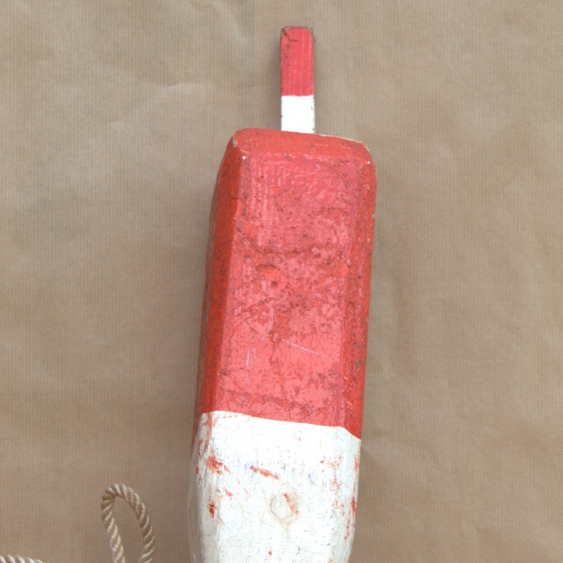 Vintage decorative buoy nautical home decoration in wood red and white with rope beach decor summer eyecather interior fishing collectible image 3