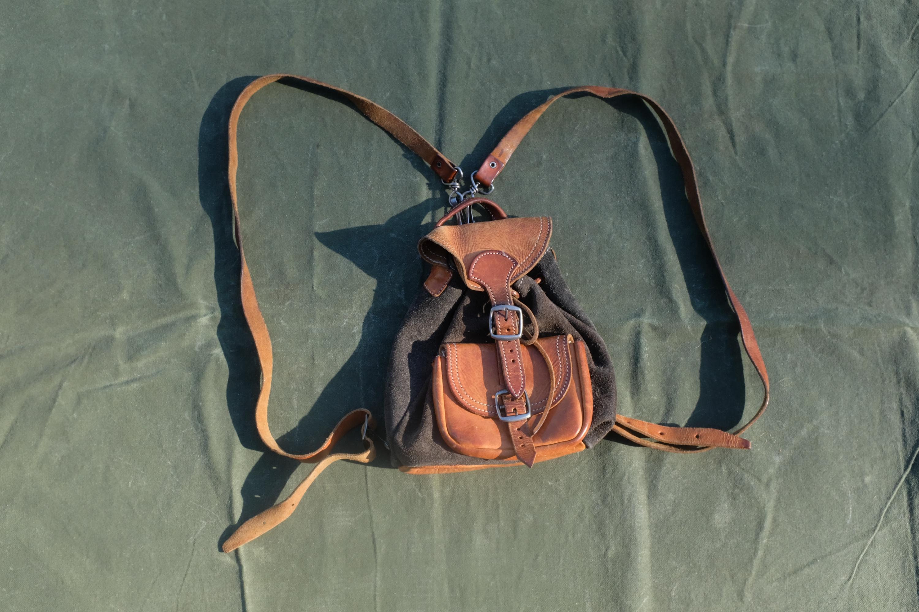 90s Y2K VINTAGE Brown Suede Leather Backpack Bag Small Mini 