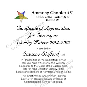 OES WM/WP Certificate of Appreciation Past Worthy Matron and Past Worthy Patron Eastern Star
