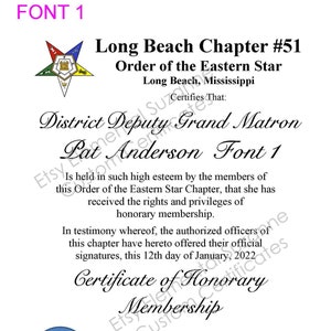 OES Honorary Member Certificate Eastern Star Fraternal