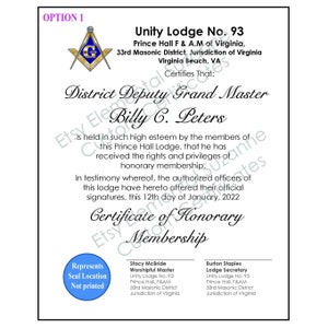 Masons Honorary Member Certificate Freemasons