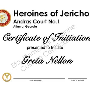 HOJ Certificate of Initiation Heroines of Jericho