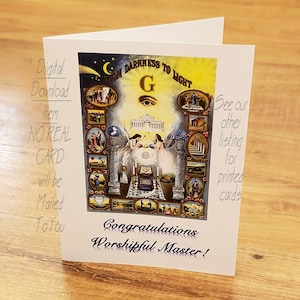 Digitaler Download Masons Herzlichen Glückwunsch Worshipful Master Grußkarte Vintage Aus der Dunkelheit zum Licht Freimaurerei Drucken Sie Ihre eigene Karte
