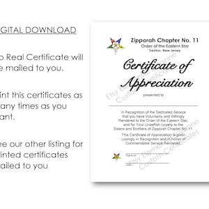 OES Certificate of Appreciation Eastern Star Personalized Digital Download to Print your own Certificate