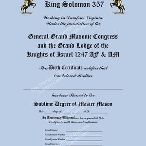 May include: A light blue certificate with ornate black text. The document is for King Solomon 357, the General Grand Masonic Congress, and the Grand Lodge of the Knights of Israel. It certifies a Master Mason degree.