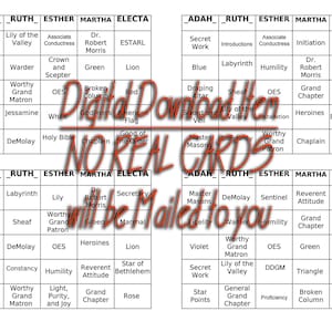 May include: A printable bingo card with the words "_ADAH_" "_RUTH_" "ESTHER" "MARTHA" and "ELECTA" at the top. The card is divided into a 5x5 grid with different words and phrases in each square. The words and phrases are related to the Masonic Order.