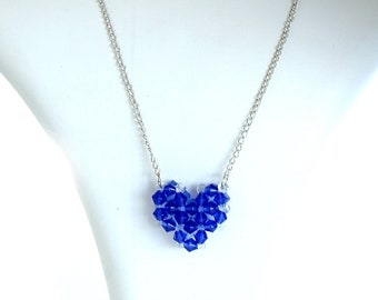 Blue Crystal Heart Necklace: Silver Plated Chain, Handmade Pendant