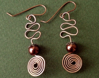 Copper Wire Earrings, Copper Wire Dangles, Copper Spiral Earrings, Boho Earrings, Light Weight Dangles