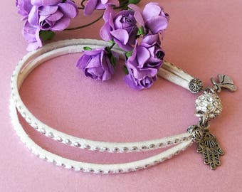 Studded White Faux Suede Bracelet: Hamsa Charm, Rhinestone Clasp
