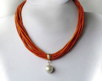 Cord Necklace, Orange Choker Necklace, Short Necklace, Pearl Choker Necklace, Pearl Pendant Necklace