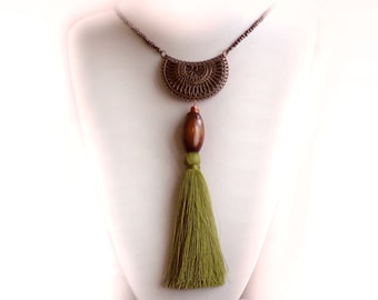 Tassel Necklace, Green Tassel Necklace, Crystal Bead Necklace, Long Necklace