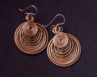 Copper Wire Spiral Earrings, Copper Dangles, Spiral Earrings, Triple Spiral Earrings, Copper Wire Work Jewelry