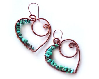 Copper Wire Earrings, Heart Earrings, Turquoise Earrings, Wire Work Dangles