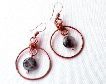 Copper Wire Earrings, Circle Dangles, Rutil Stone Earrings, Gemstone Earrings, Quarz Earrings, Boho Dangles