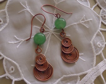 Copper Earrings, Aventurine Earrings, Spiral Earrings, Gemstone Earrings, Copper Wire Earrings